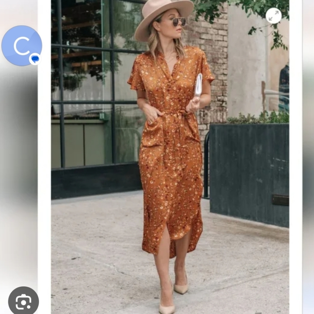 Lovestitch Rust Floral Wrap Midi Dress Boho Chic Tie Waist